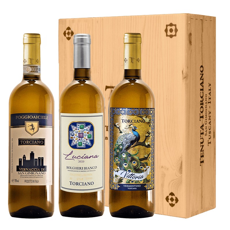 Vittoria Giachi White Selection: Vernaccia, Bolgheri, Vermentino 2022 with wooden box